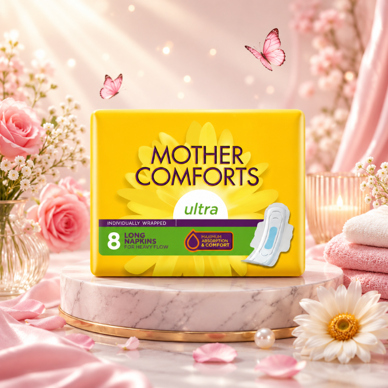Mother Comforts Ultra Sanitary Pads – Long 8 Pads | Ultra Absorbent, Extra Wide & Leak Protection
