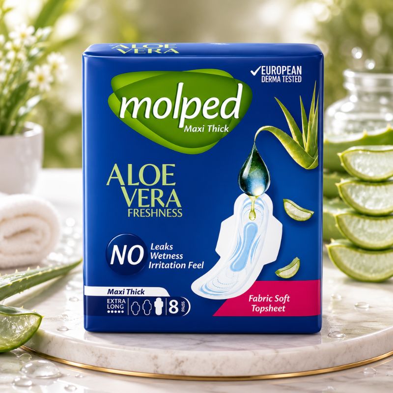 Molped Aloe Vera Maxi Thick Extra Long Sanitary Pads – 8 Pads | Soft Comfort & Heavy Flow Protection