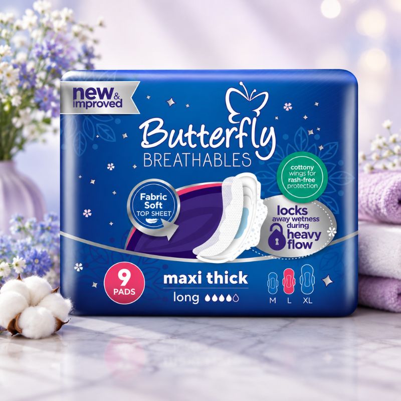 Butterfly Maxi Thick Long Sanitary Pads – 9 Pads | Soft Comfort & Heavy Flow Protection